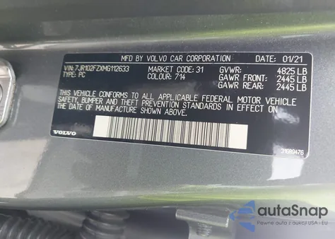 2021 Volvo S60 T5 Momentum z USA, uszkodzony, nr VIN 7JR102FZXMG112633